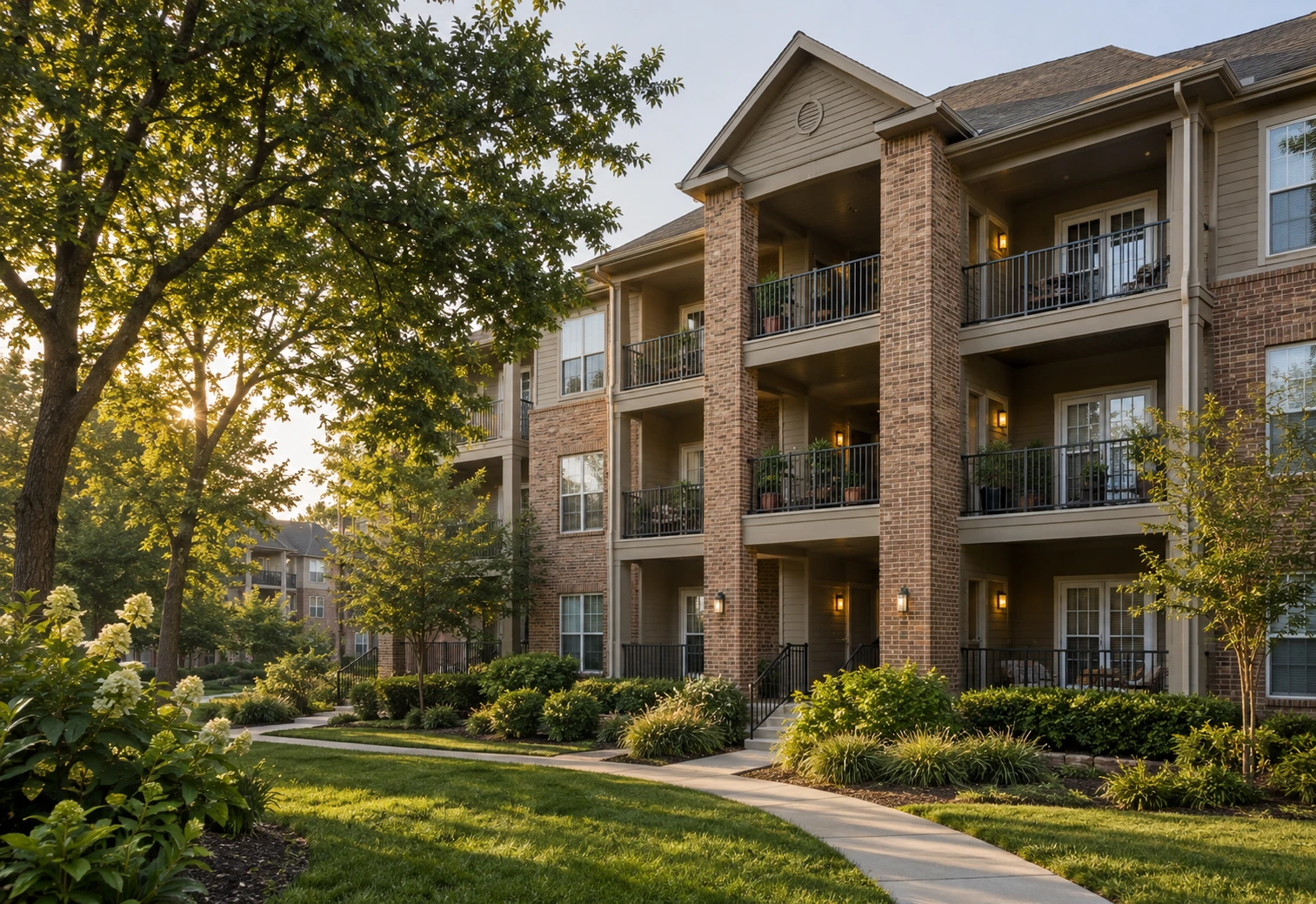 Brick apartment buildings and landscaped grounds in warm afternoon light
